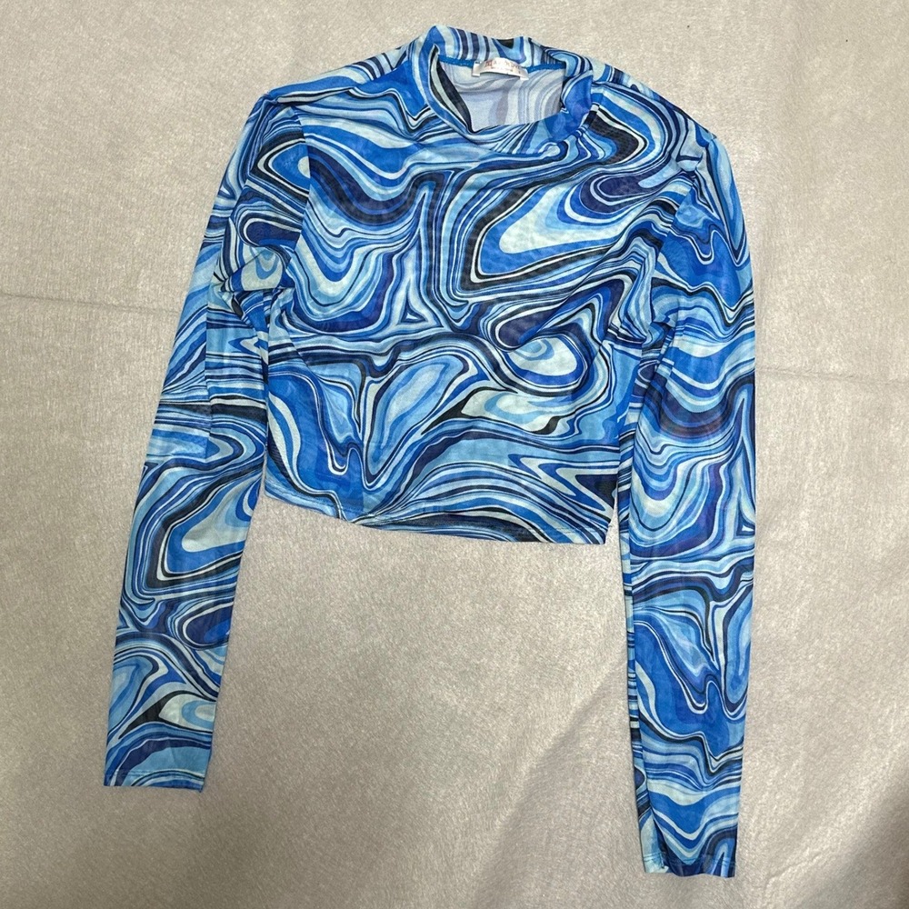 Avidlove Women Crop Top S Blue Good Mesh Marble Swirl Mock Neck Y2K Rave Edgy